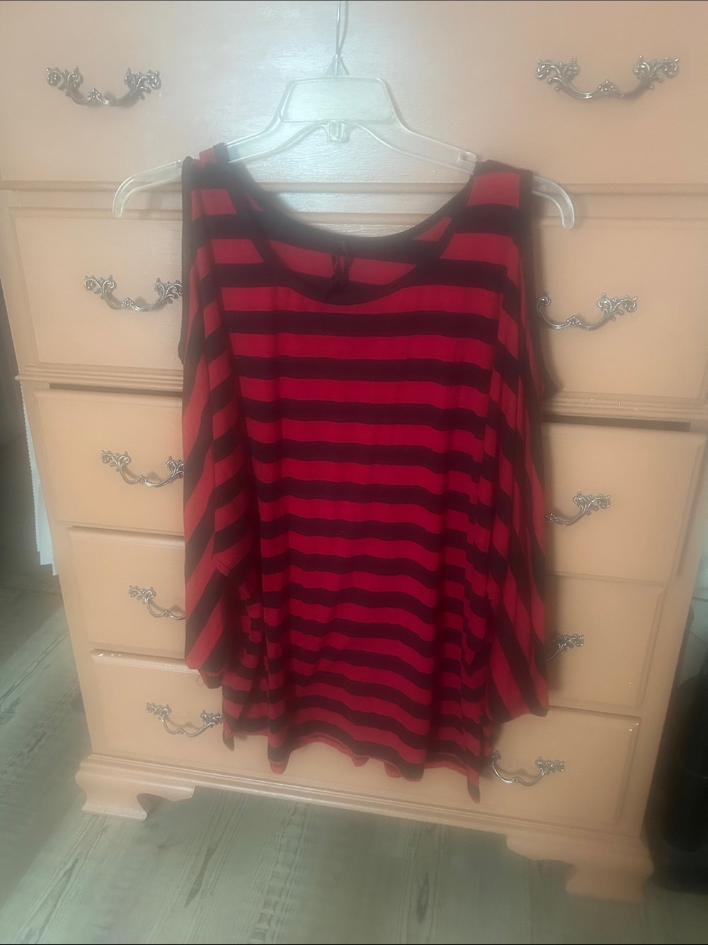Women's Red and Black Striped Cold-Shoulder Top